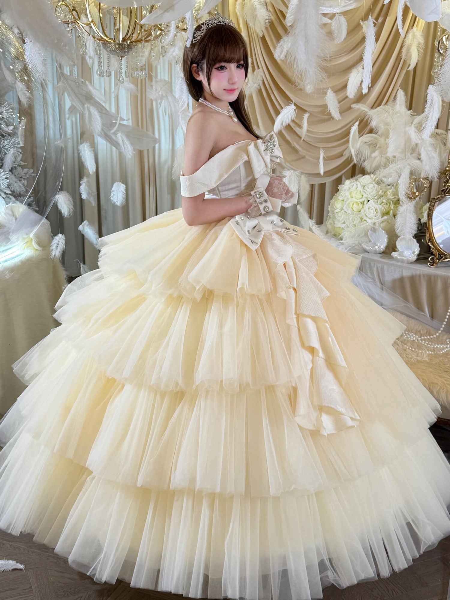 Diamond Sweetheart Apricot Lace Bow Veil Train Long Women's Tulle Jsk / Jumper Skirts