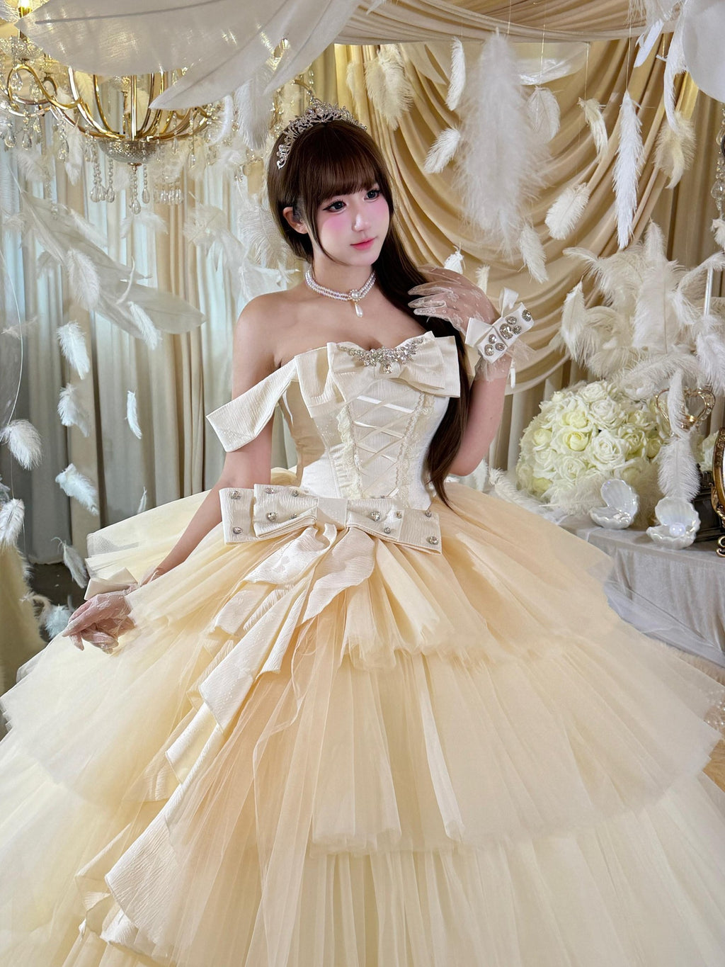 Diamond Sweetheart Apricot Lace Bow Veil Train Long Women's Tulle Jsk / Jumper Skirts