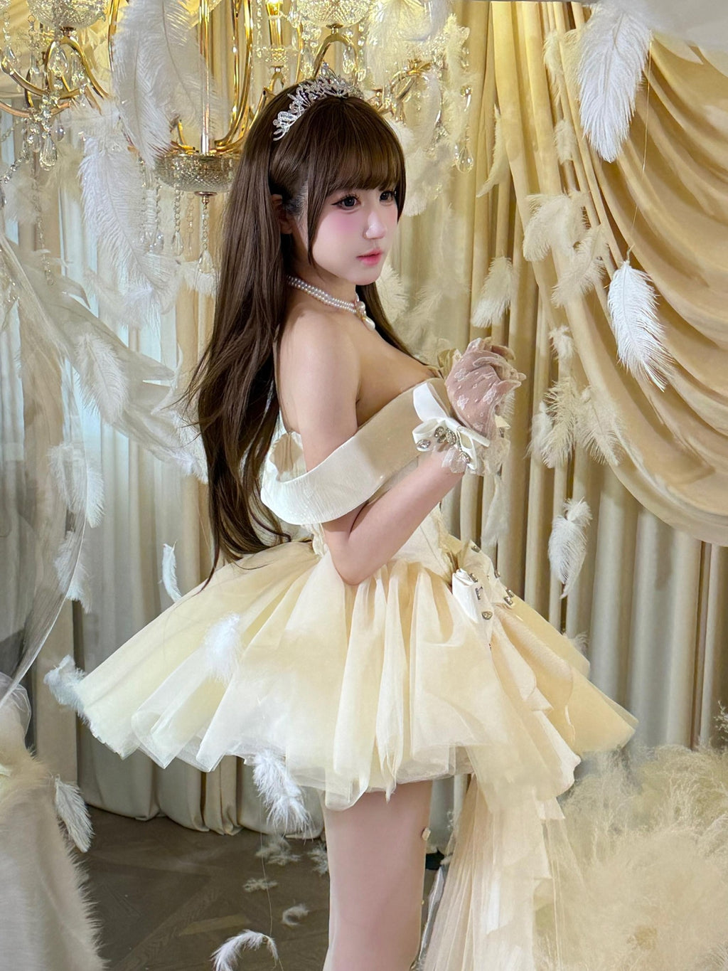 Diamond Sweetheart Apricot Lace Bow Veil Train Long Women's Tulle Jsk / Jumper Skirts