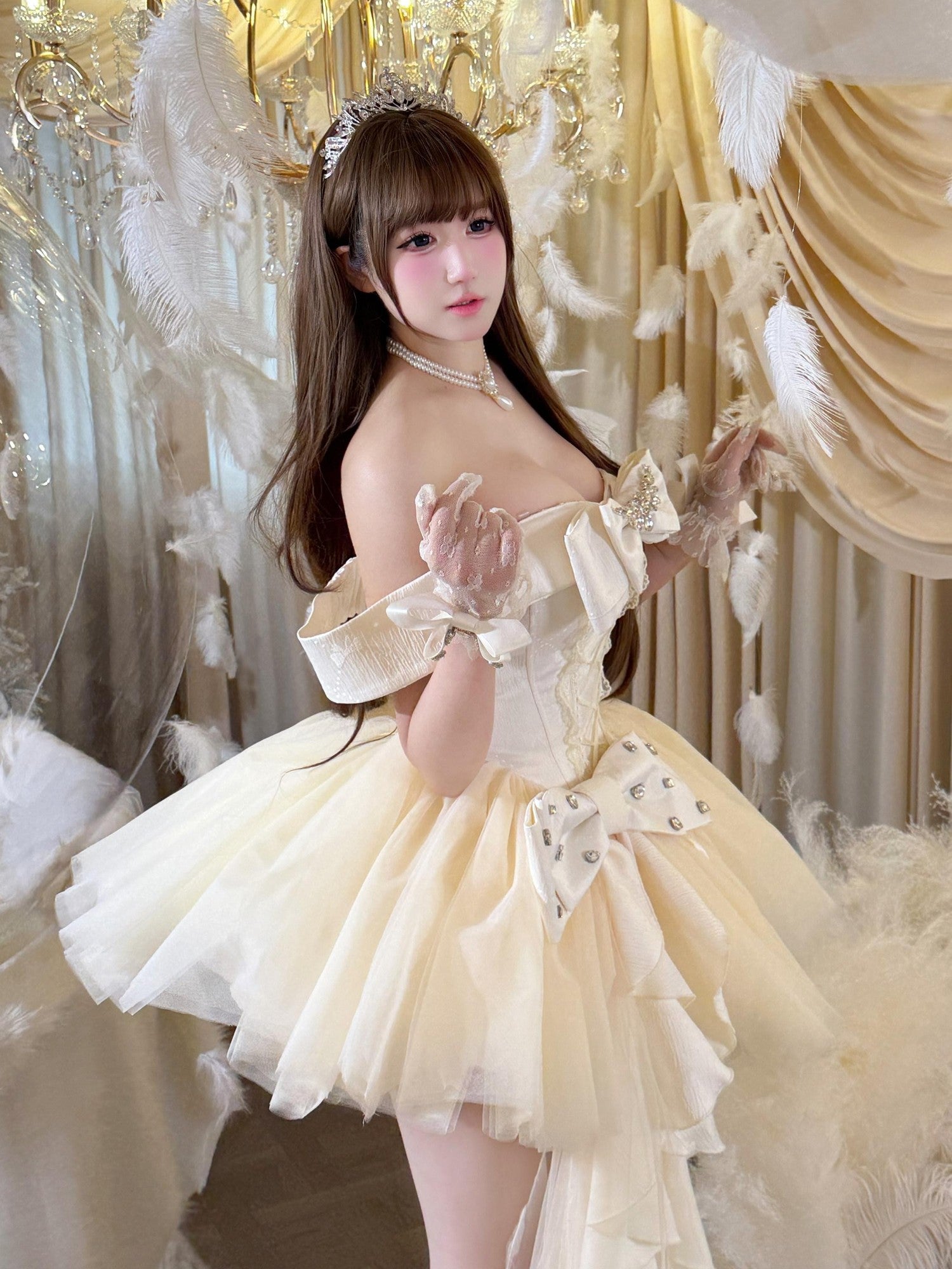 Diamond Sweetheart Apricot Lace Bow Veil Train Long Women's Tulle Jsk / Jumper Skirts
