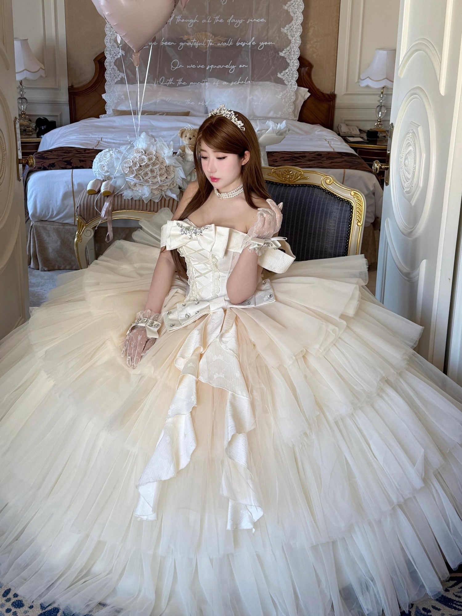 Diamond Sweetheart Apricot Lace Bow Veil Train Long Women's Tulle Jsk / Jumper Skirts