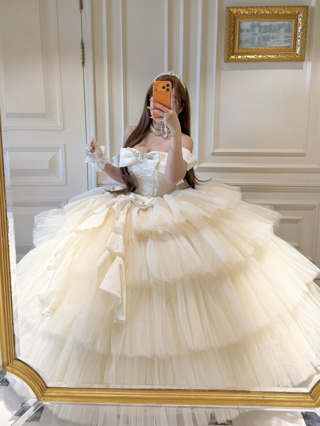 Diamond Sweetheart Apricot Lace Bow Veil Train Long Women's Tulle Jsk / Jumper Skirts