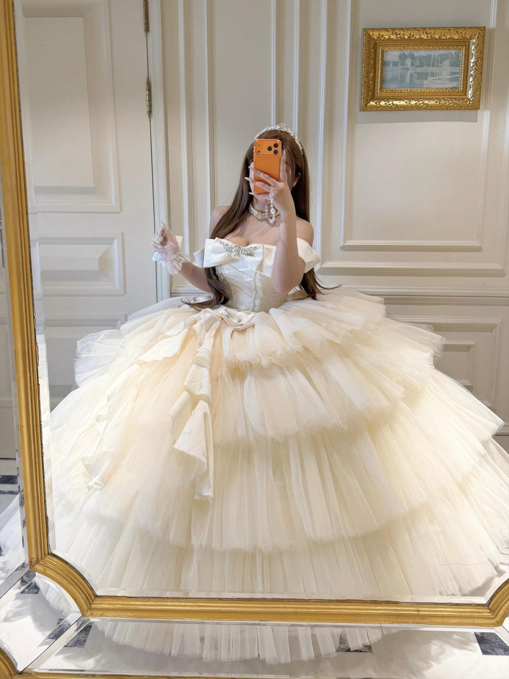 Diamond Sweetheart Apricot Lace Bow Veil Train Long Women's Tulle Jsk / Jumper Skirts