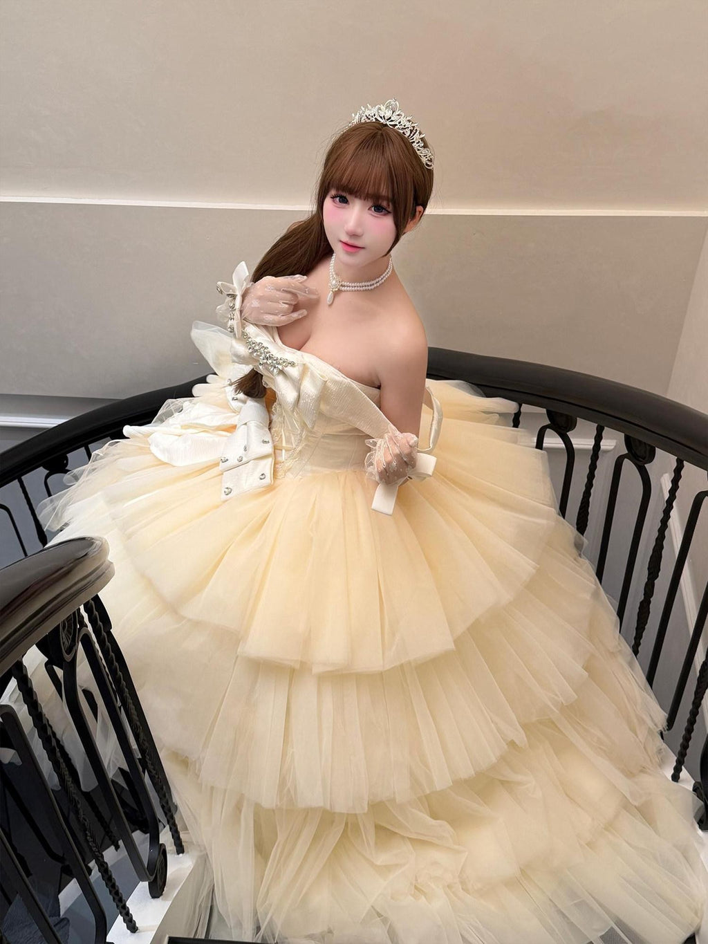Diamond Sweetheart Apricot Lace Bow Veil Train Long Women's Tulle Jsk / Jumper Skirts