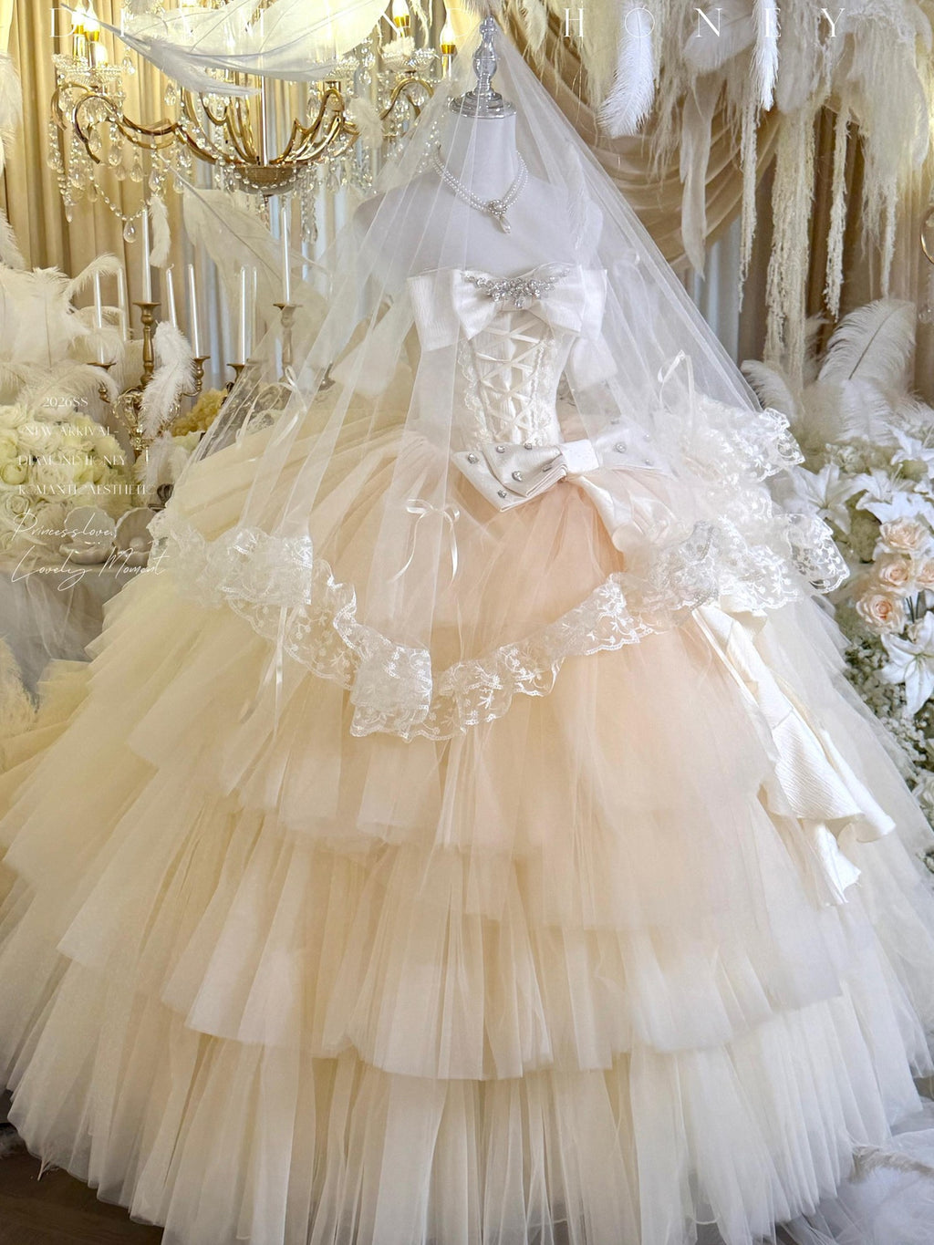 Diamond Sweetheart Apricot Lace Bow Veil Train Long Women's Tulle Jsk / Jumper Skirts