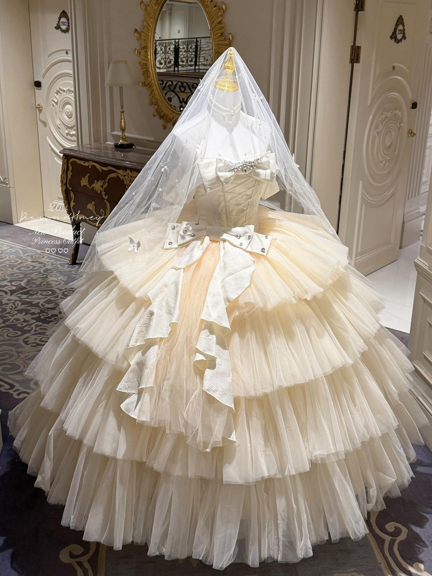 Diamond Sweetheart Apricot Lace Bow Veil Train Long Women's Tulle Jsk / Jumper Skirts