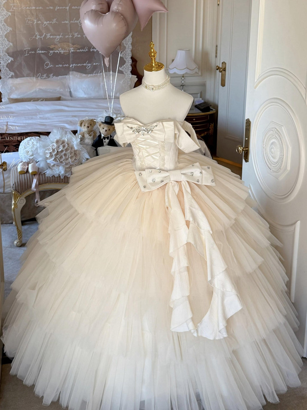 Diamond Sweetheart Apricot Lace Bow Veil Train Long Women's Tulle Jsk / Jumper Skirts