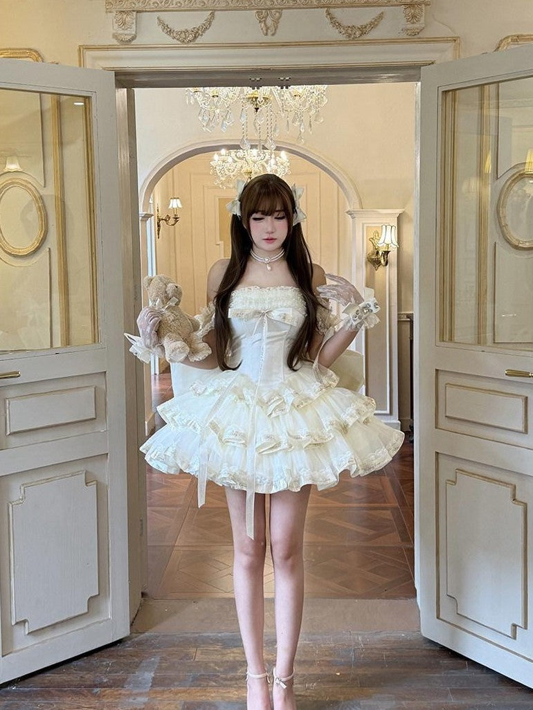 Diamond Sweetheart Apricot Princess Satin Ribbon Trailing Bow Women's Jsk / Jumper Skirts