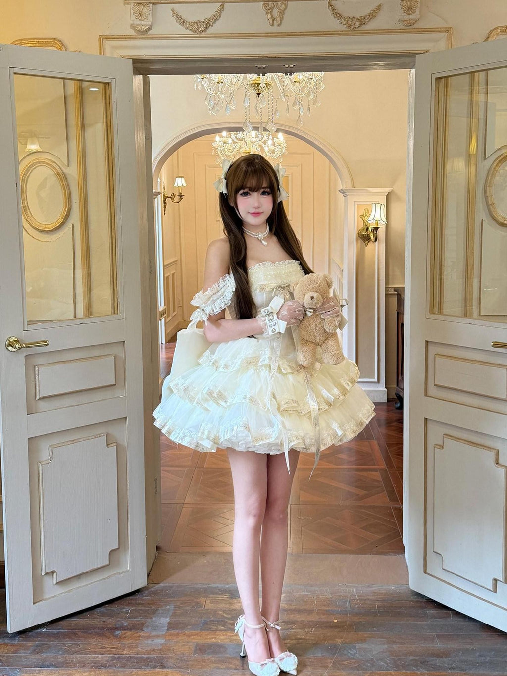 Diamond Sweetheart Apricot Princess Satin Ribbon Trailing Bow Women's Jsk / Jumper Skirts