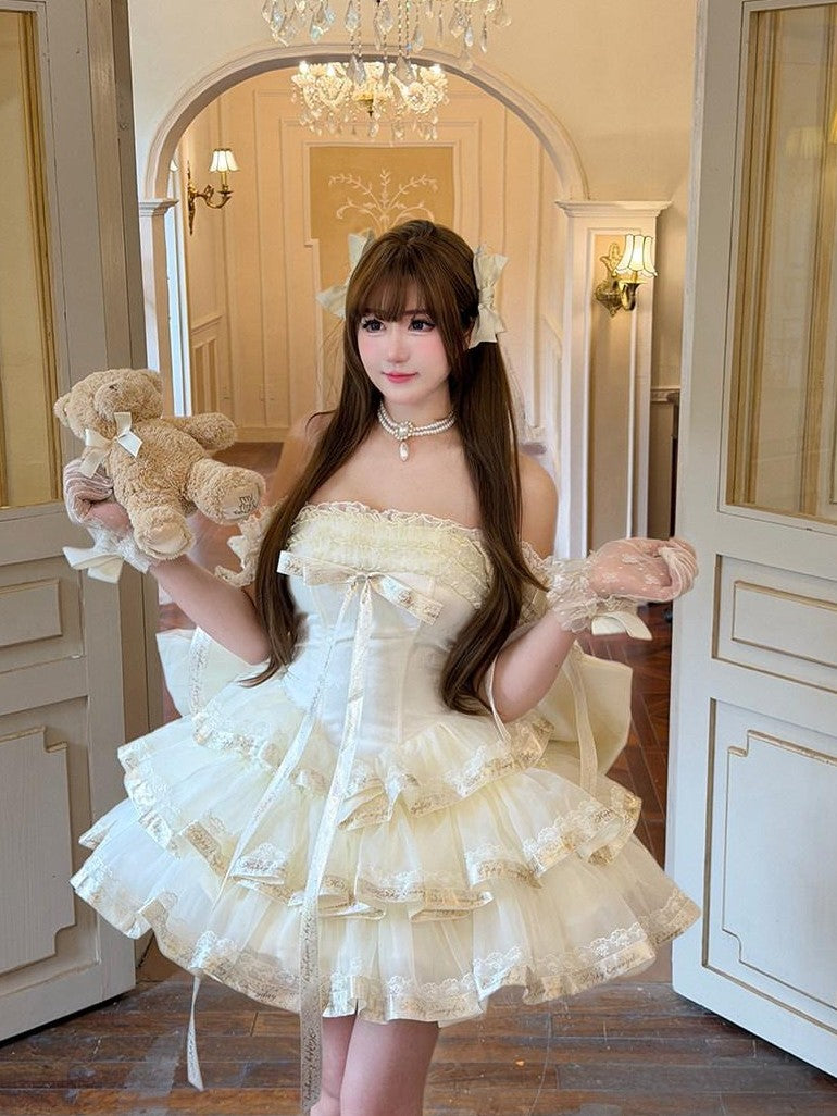 Diamond Sweetheart Apricot Princess Satin Ribbon Trailing Bow Women's Jsk / Jumper Skirts