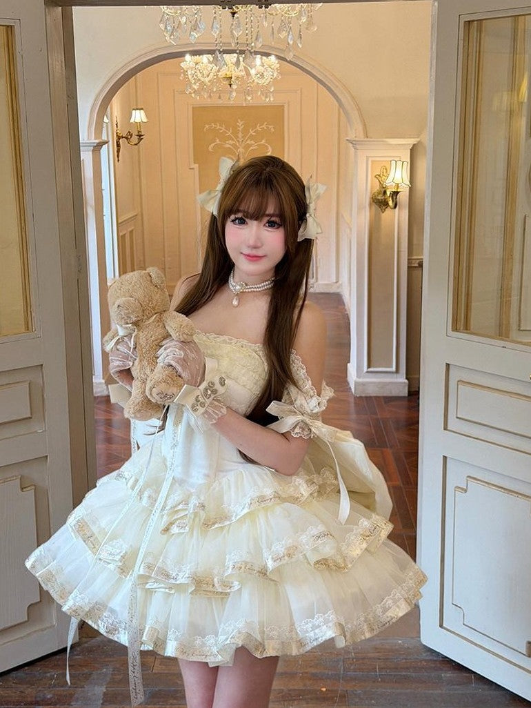Diamond Sweetheart Apricot Princess Satin Ribbon Trailing Bow Women's Jsk / Jumper Skirts