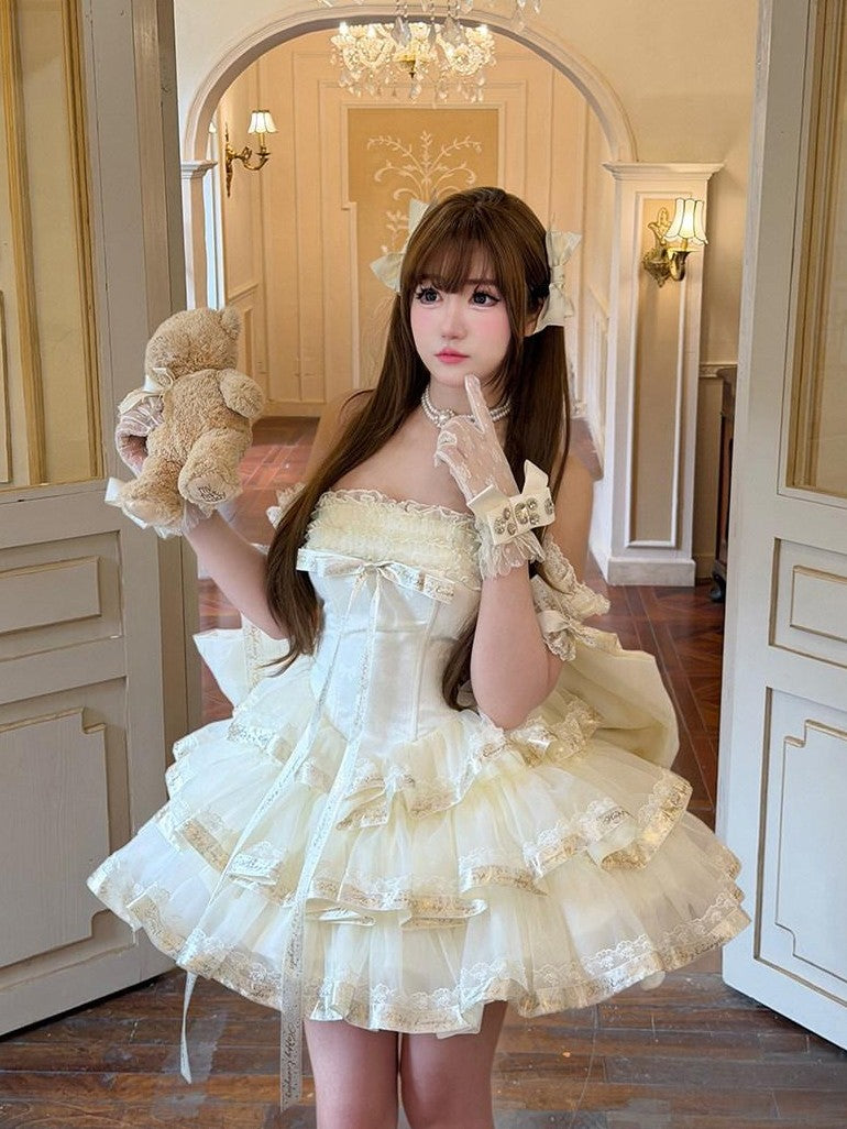 Diamond Sweetheart Apricot Princess Satin Ribbon Trailing Bow Women's Jsk / Jumper Skirts