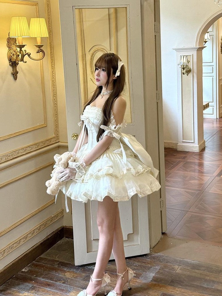 Diamond Sweetheart Apricot Princess Satin Ribbon Trailing Bow Women's Jsk / Jumper Skirts