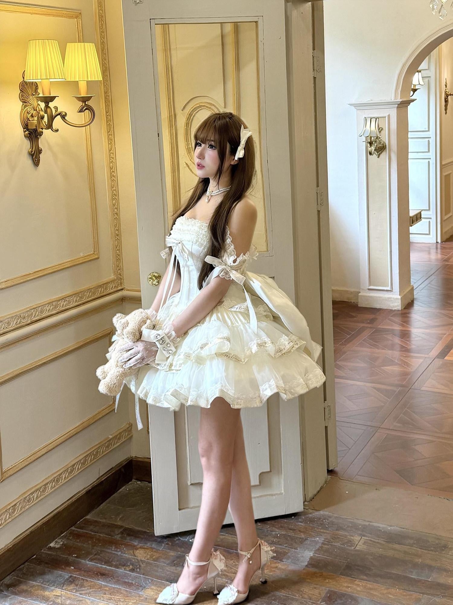 Diamond Sweetheart Apricot Princess Satin Ribbon Trailing Bow Women's Jsk / Jumper Skirts
