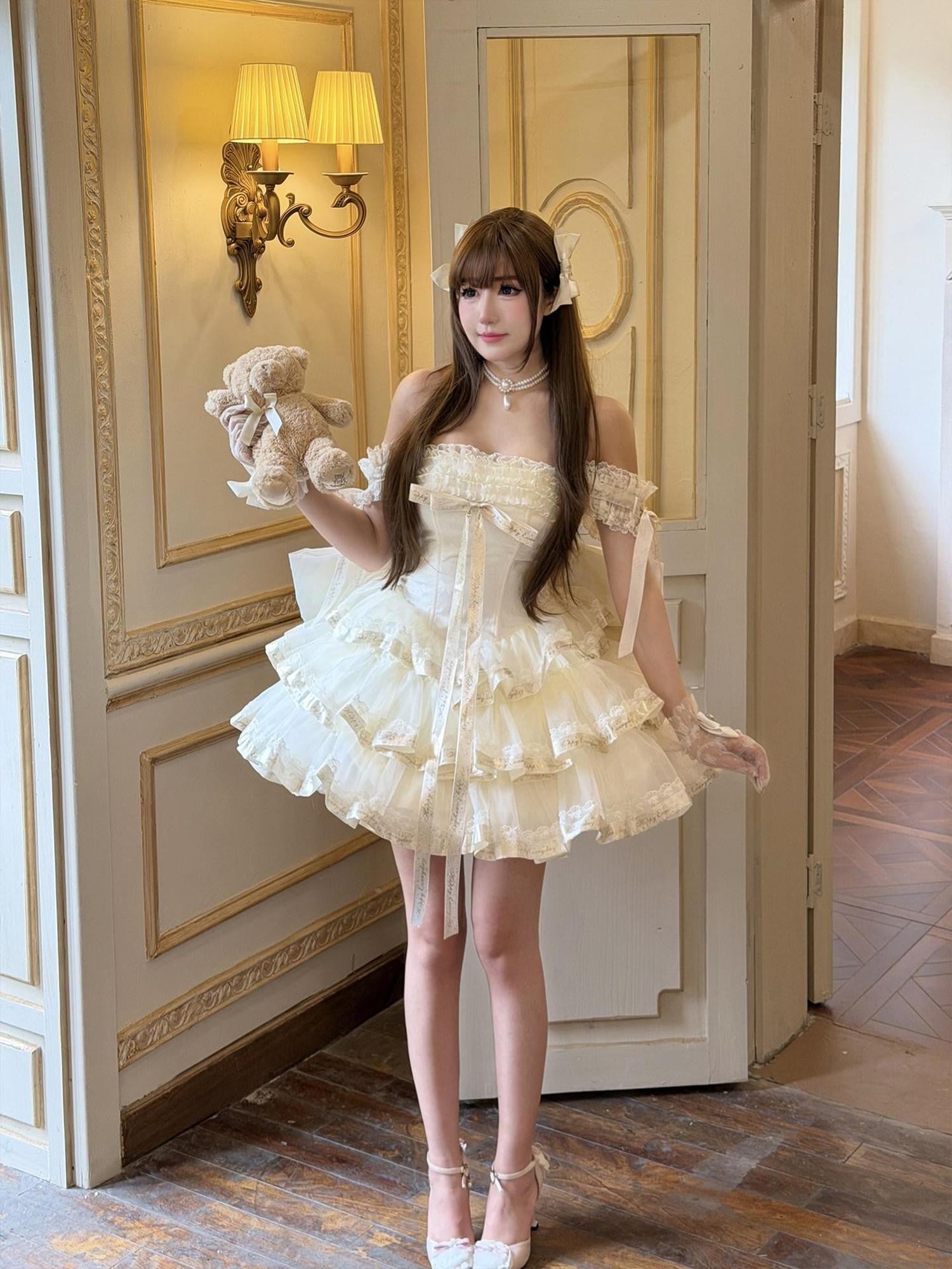Diamond Sweetheart Apricot Princess Satin Ribbon Trailing Bow Women's Jsk / Jumper Skirts