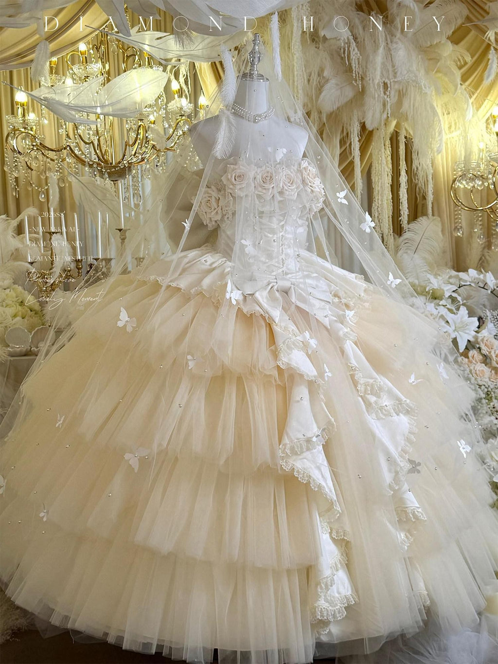 Diamond Sweetheart Apricot Rose Tulle Lace Shawl Bow Train Women's Jsk / Jumper Skirts