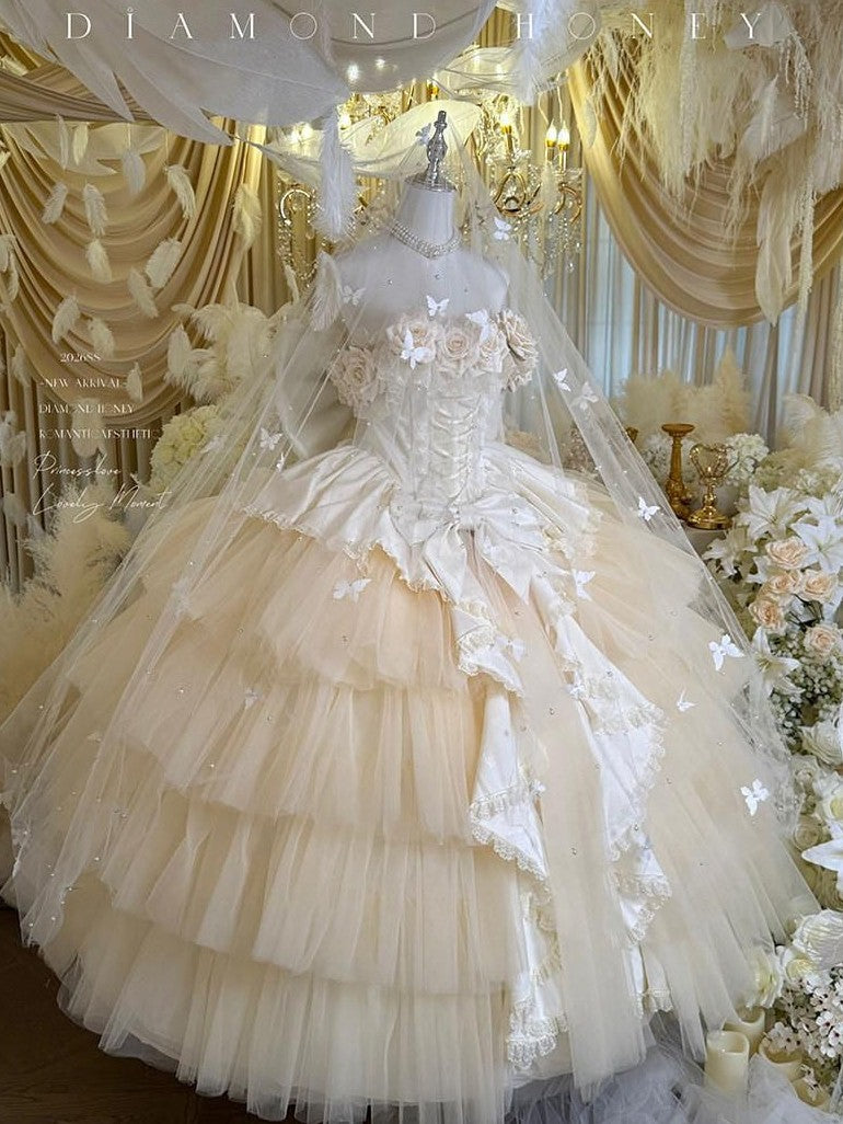 Diamond Sweetheart Apricot Rose Tulle Lace Shawl Bow Train Women's Jsk / Jumper Skirts