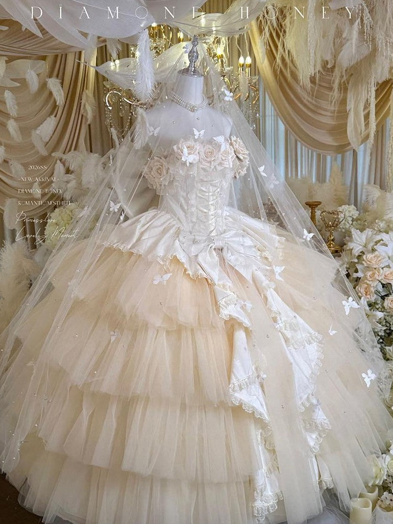 Diamond Sweetheart Apricot Rose Tulle Lace Shawl Bow Train Women's Jsk / Jumper Skirts