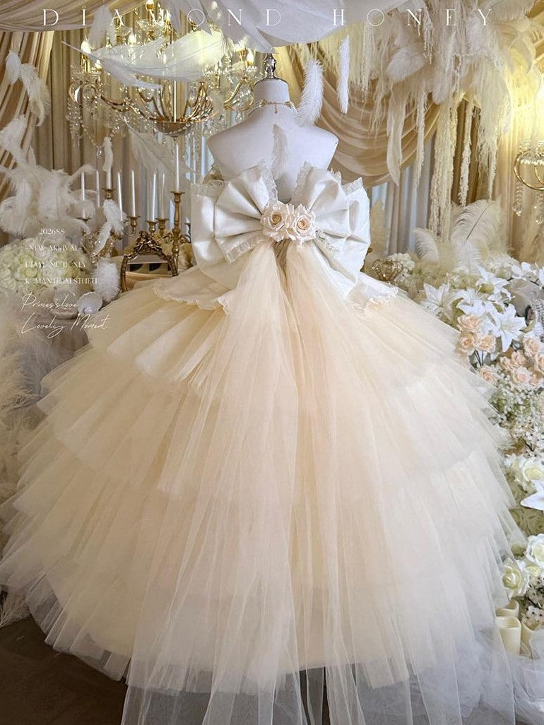 Diamond Sweetheart Apricot Rose Tulle Lace Shawl Bow Train Women's Jsk / Jumper Skirts