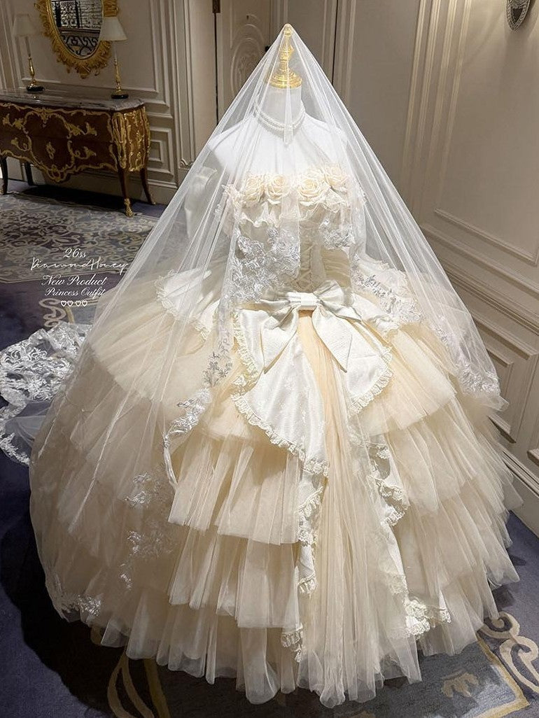 Diamond Sweetheart Apricot Rose Tulle Lace Shawl Bow Train Women's Jsk / Jumper Skirts
