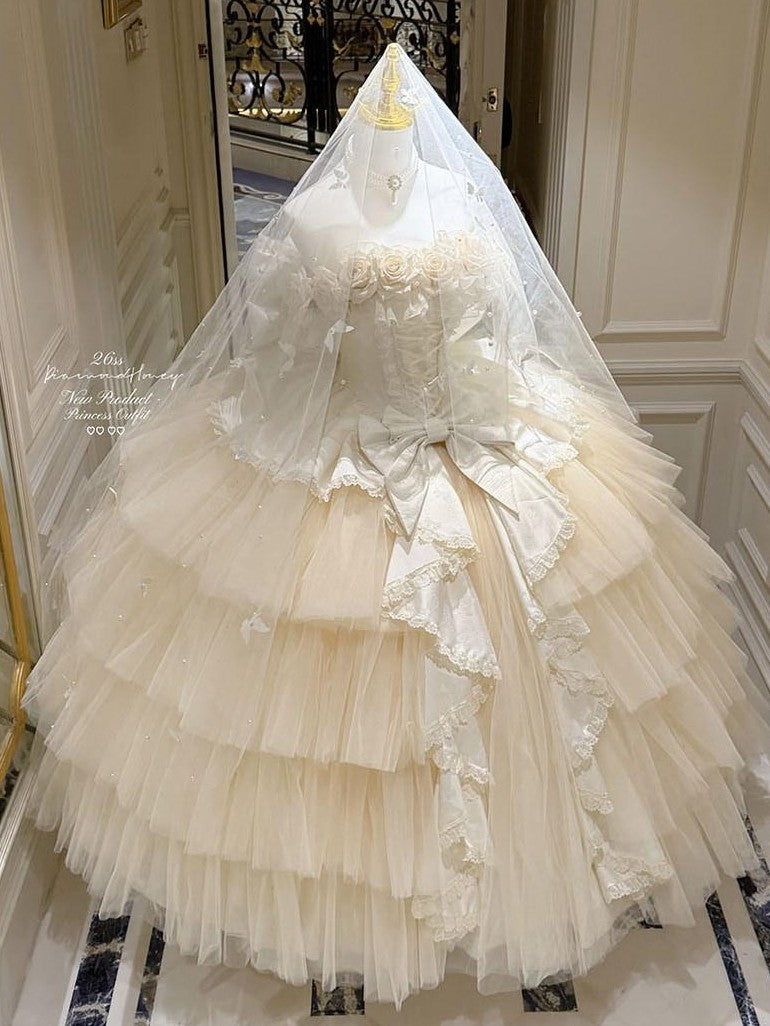 Diamond Sweetheart Apricot Rose Tulle Lace Shawl Bow Train Women's Jsk / Jumper Skirts