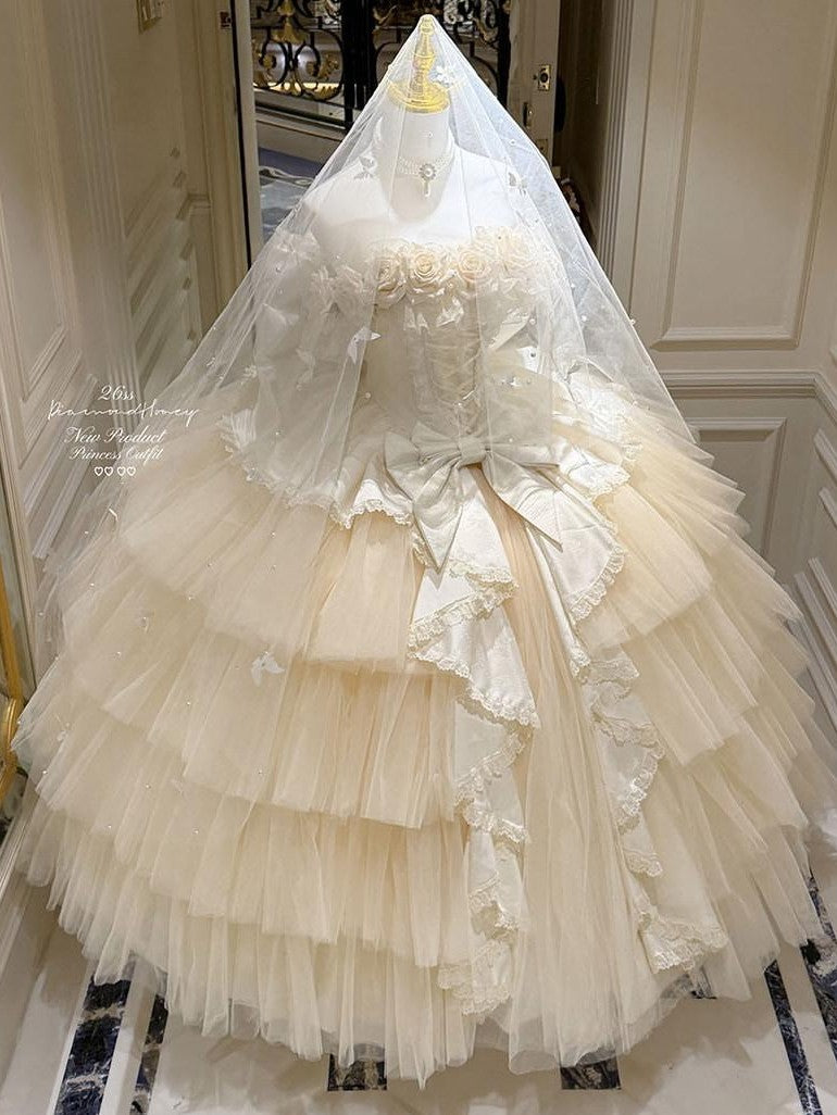 Diamond Sweetheart Apricot Rose Tulle Lace Shawl Bow Train Women's Jsk / Jumper Skirts