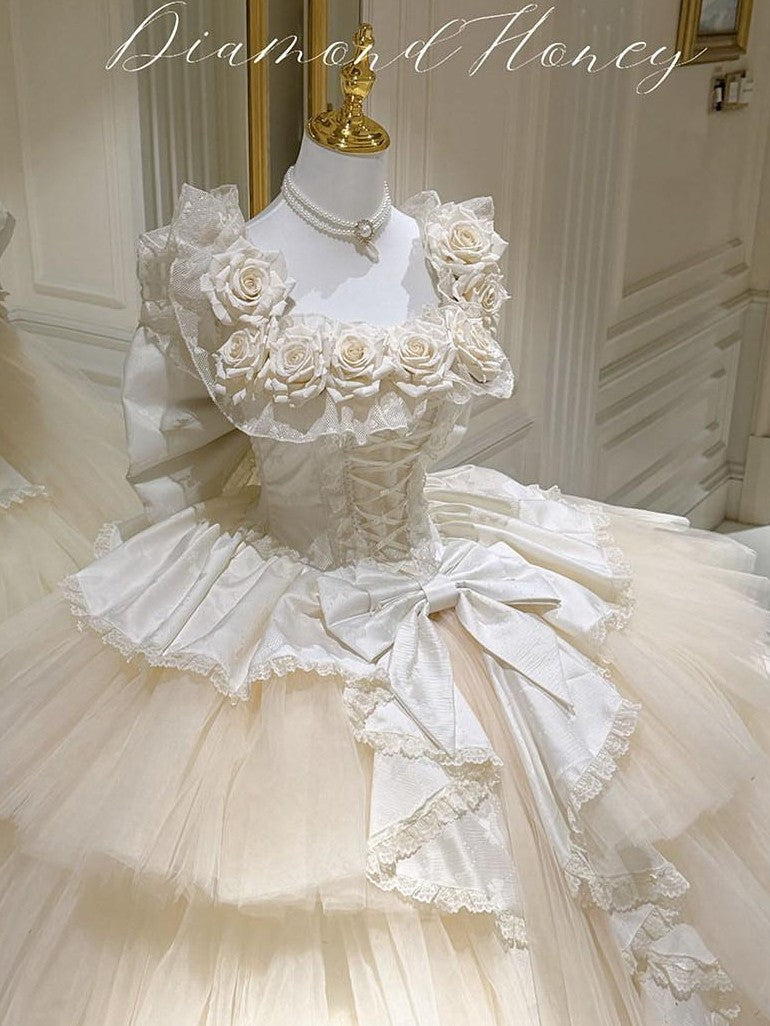 Diamond Sweetheart Apricot Rose Tulle Lace Shawl Bow Train Women's Jsk / Jumper Skirts
