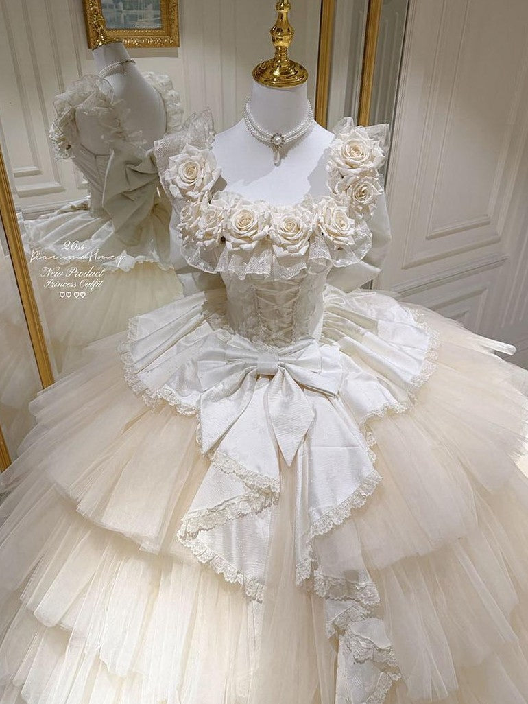 Diamond Sweetheart Apricot Rose Tulle Lace Shawl Bow Train Women's Jsk / Jumper Skirts