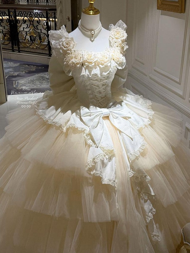 Diamond Sweetheart Apricot Rose Tulle Lace Shawl Bow Train Women's Jsk / Jumper Skirts