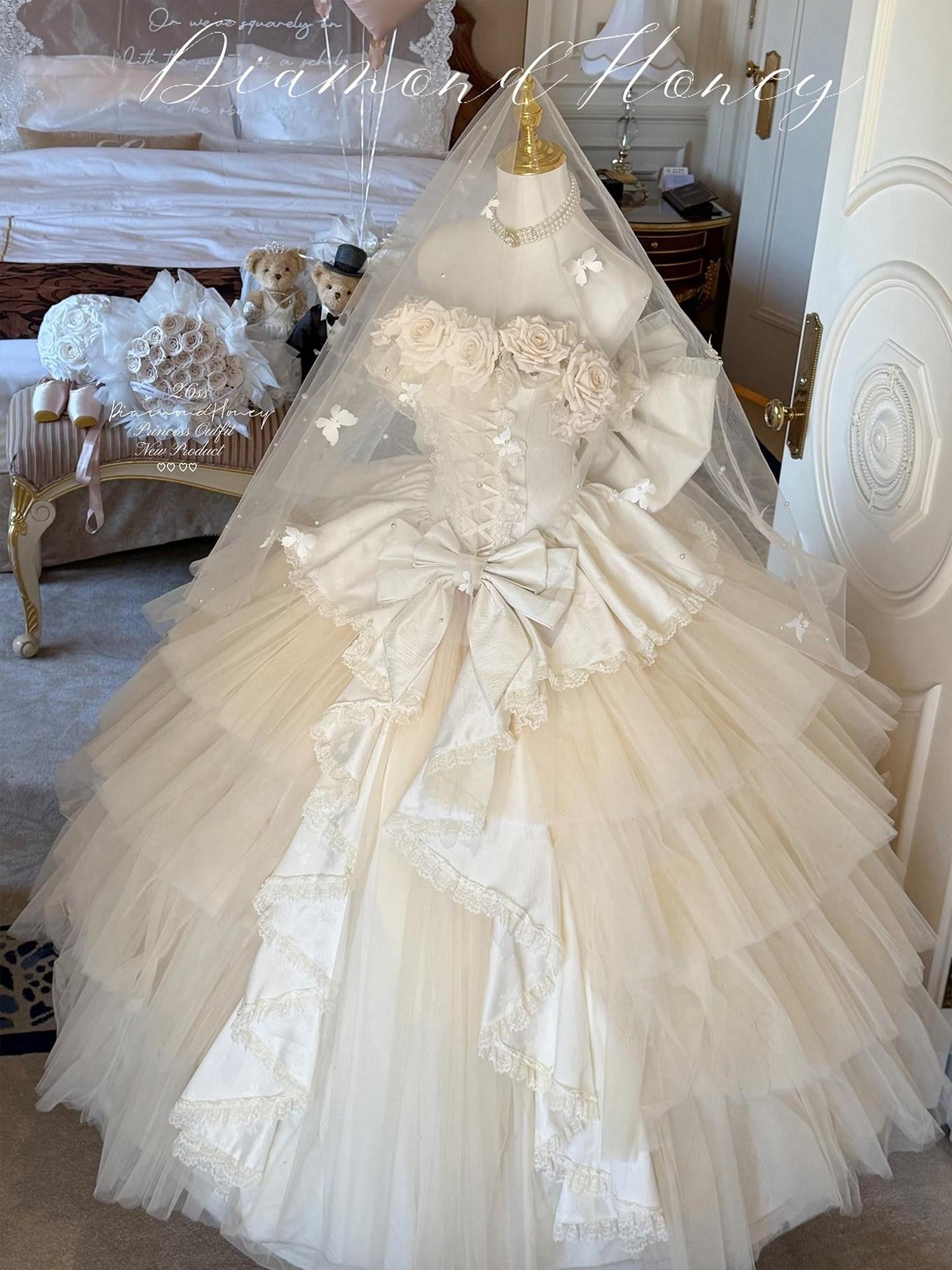 Diamond Sweetheart Apricot Rose Tulle Lace Shawl Bow Train Women's Jsk / Jumper Skirts