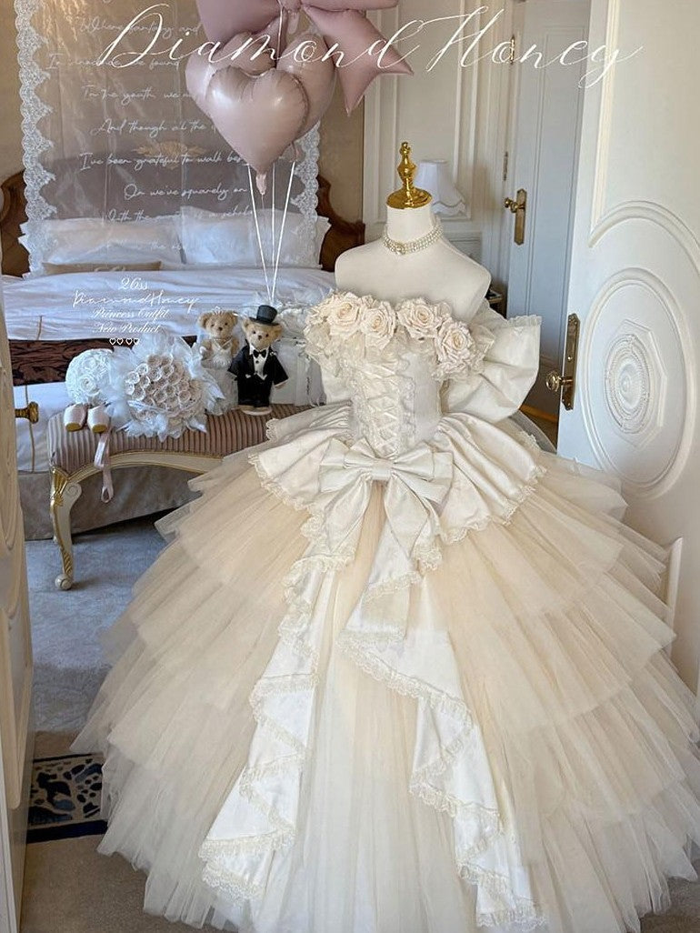 Diamond Sweetheart Apricot Rose Tulle Lace Shawl Bow Train Women's Jsk / Jumper Skirts