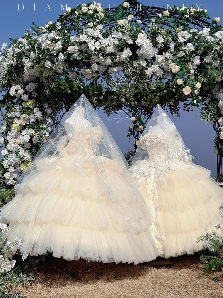 Diamond Sweetheart Apricot Rose Tulle Lace Shawl Bow Train Women's Jsk / Jumper Skirts