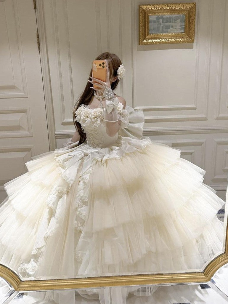 Diamond Sweetheart Apricot Rose Tulle Lace Shawl Bow Train Women's Jsk / Jumper Skirts