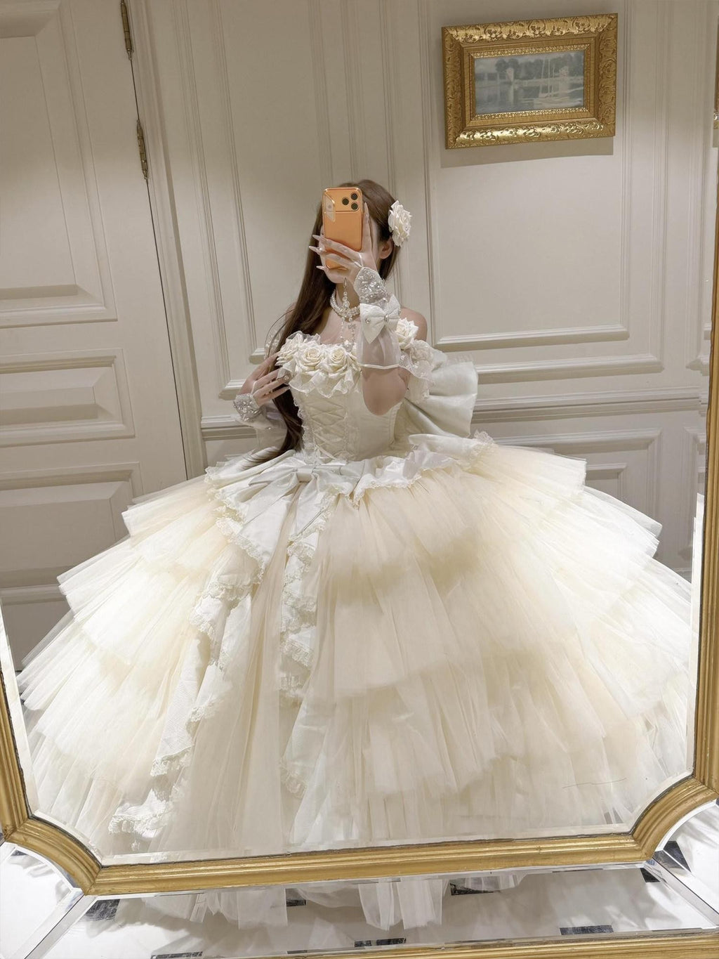 Diamond Sweetheart Apricot Rose Tulle Lace Shawl Bow Train Women's Jsk / Jumper Skirts