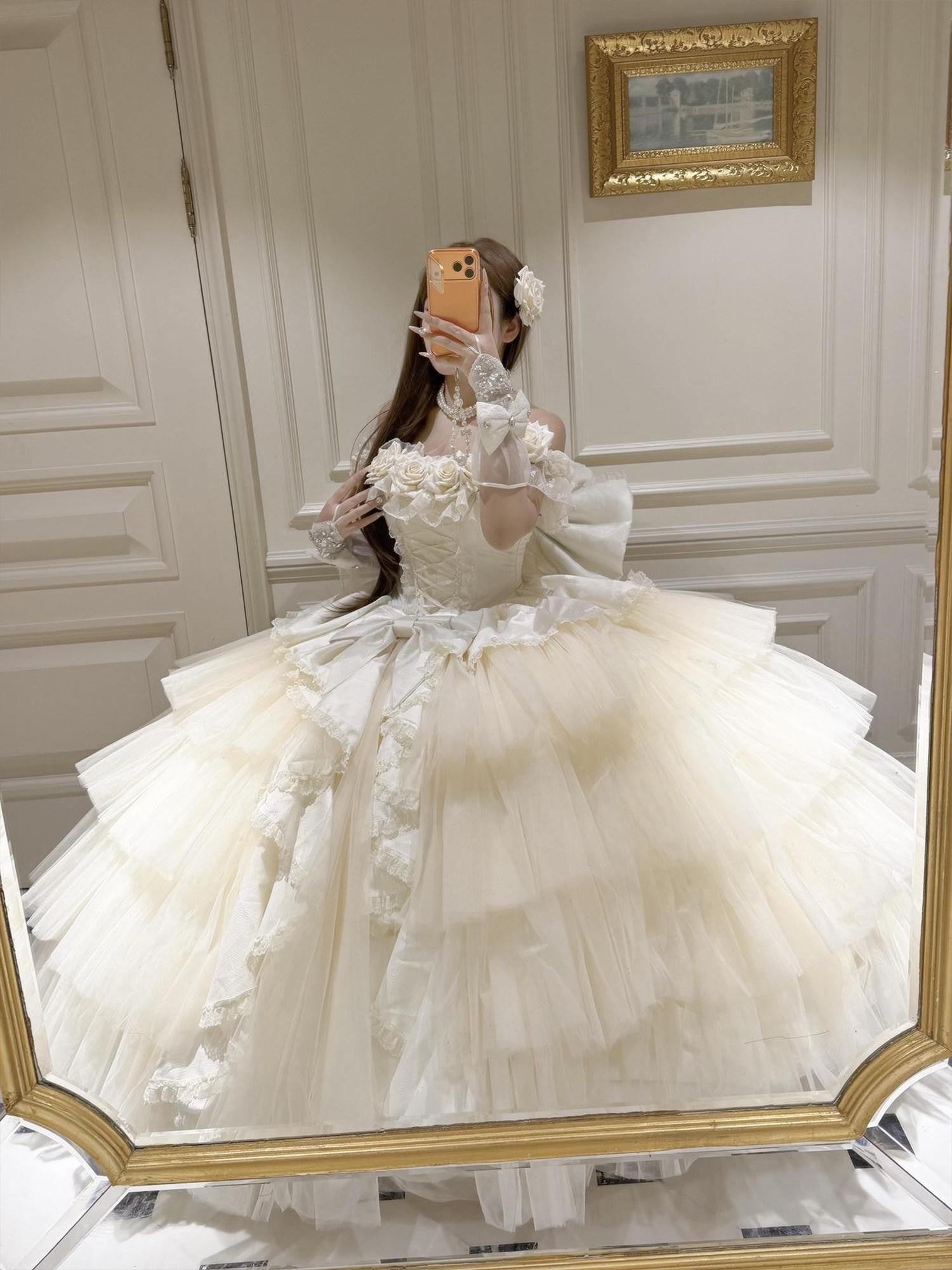 Diamond Sweetheart Apricot Rose Tulle Lace Shawl Bow Train Women's Jsk / Jumper Skirts