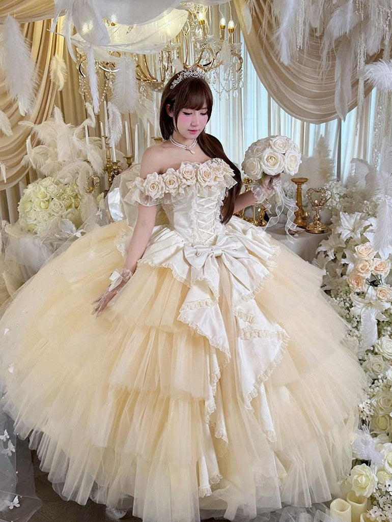 Diamond Sweetheart Apricot Rose Tulle Lace Shawl Bow Train Women's Jsk / Jumper Skirts