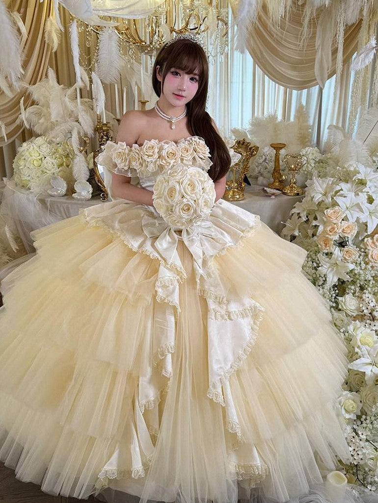 Diamond Sweetheart Apricot Rose Tulle Lace Shawl Bow Train Women's Jsk / Jumper Skirts