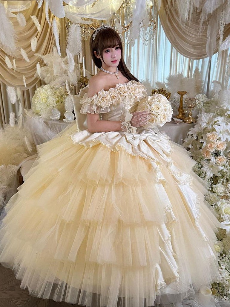 Diamond Sweetheart Apricot Rose Tulle Lace Shawl Bow Train Women's Jsk / Jumper Skirts
