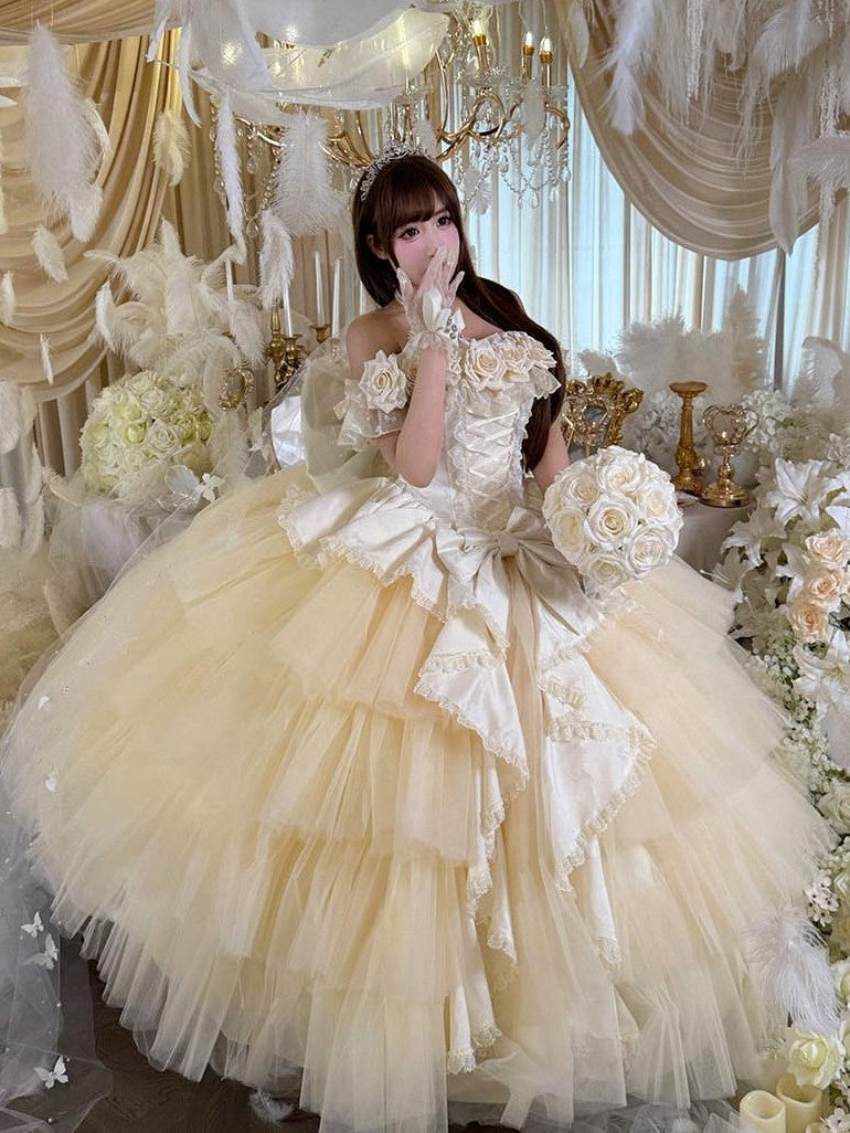 Diamond Sweetheart Apricot Rose Tulle Lace Shawl Bow Train Women's Jsk / Jumper Skirts