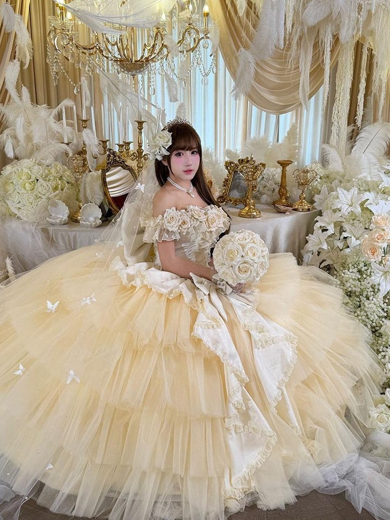 Diamond Sweetheart Apricot Rose Tulle Lace Shawl Bow Train Women's Jsk / Jumper Skirts