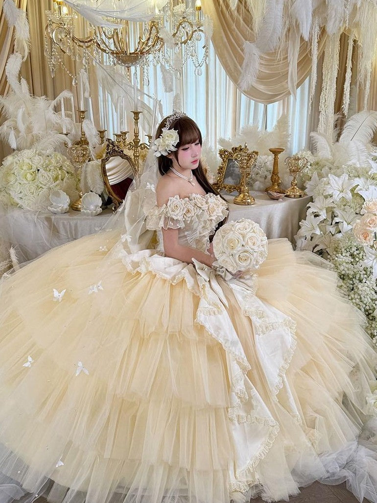 Diamond Sweetheart Apricot Rose Tulle Lace Shawl Bow Train Women's Jsk / Jumper Skirts