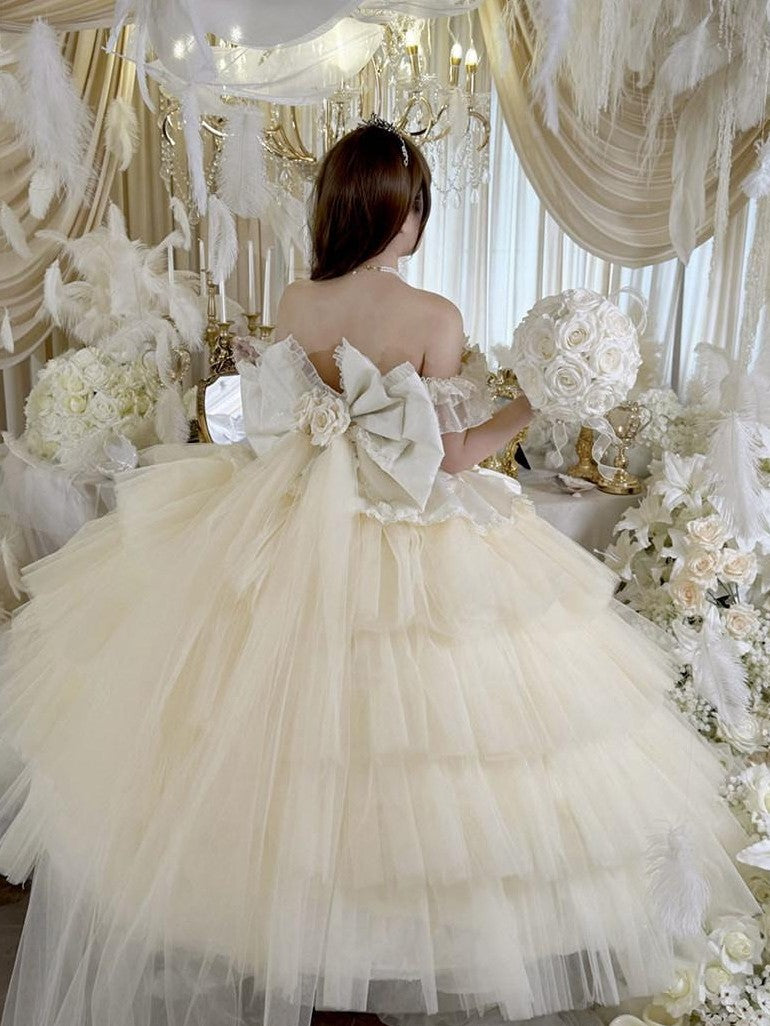 Diamond Sweetheart Apricot Rose Tulle Lace Shawl Bow Train Women's Jsk / Jumper Skirts