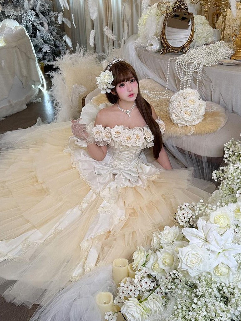 Diamond Sweetheart Apricot Rose Tulle Lace Shawl Bow Train Women's Jsk / Jumper Skirts