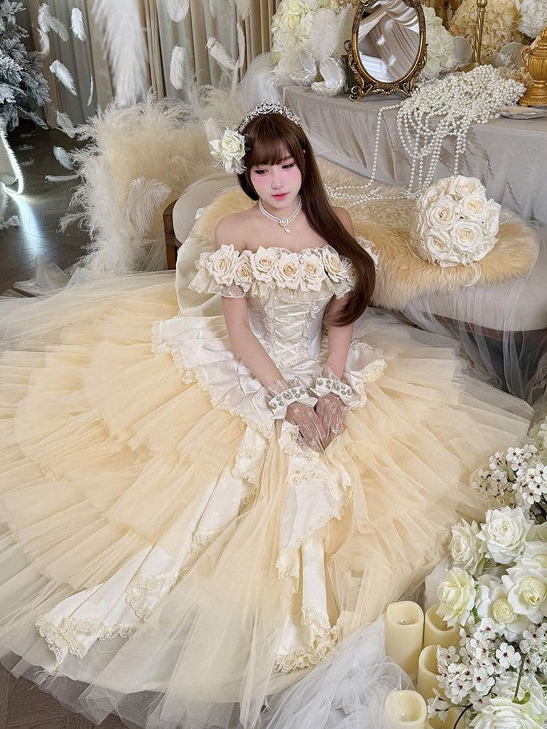 Diamond Sweetheart Apricot Rose Tulle Lace Shawl Bow Train Women's Jsk / Jumper Skirts