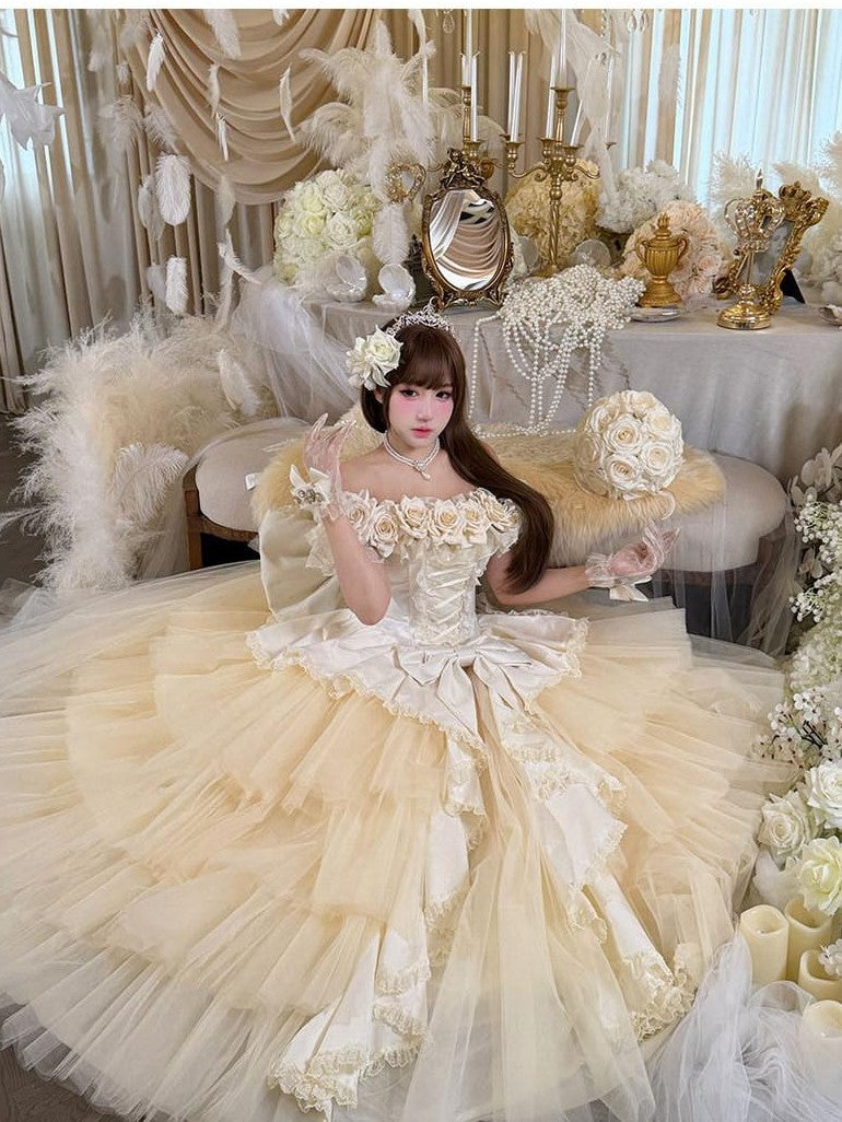 Diamond Sweetheart Apricot Rose Tulle Lace Shawl Bow Train Women's Jsk / Jumper Skirts