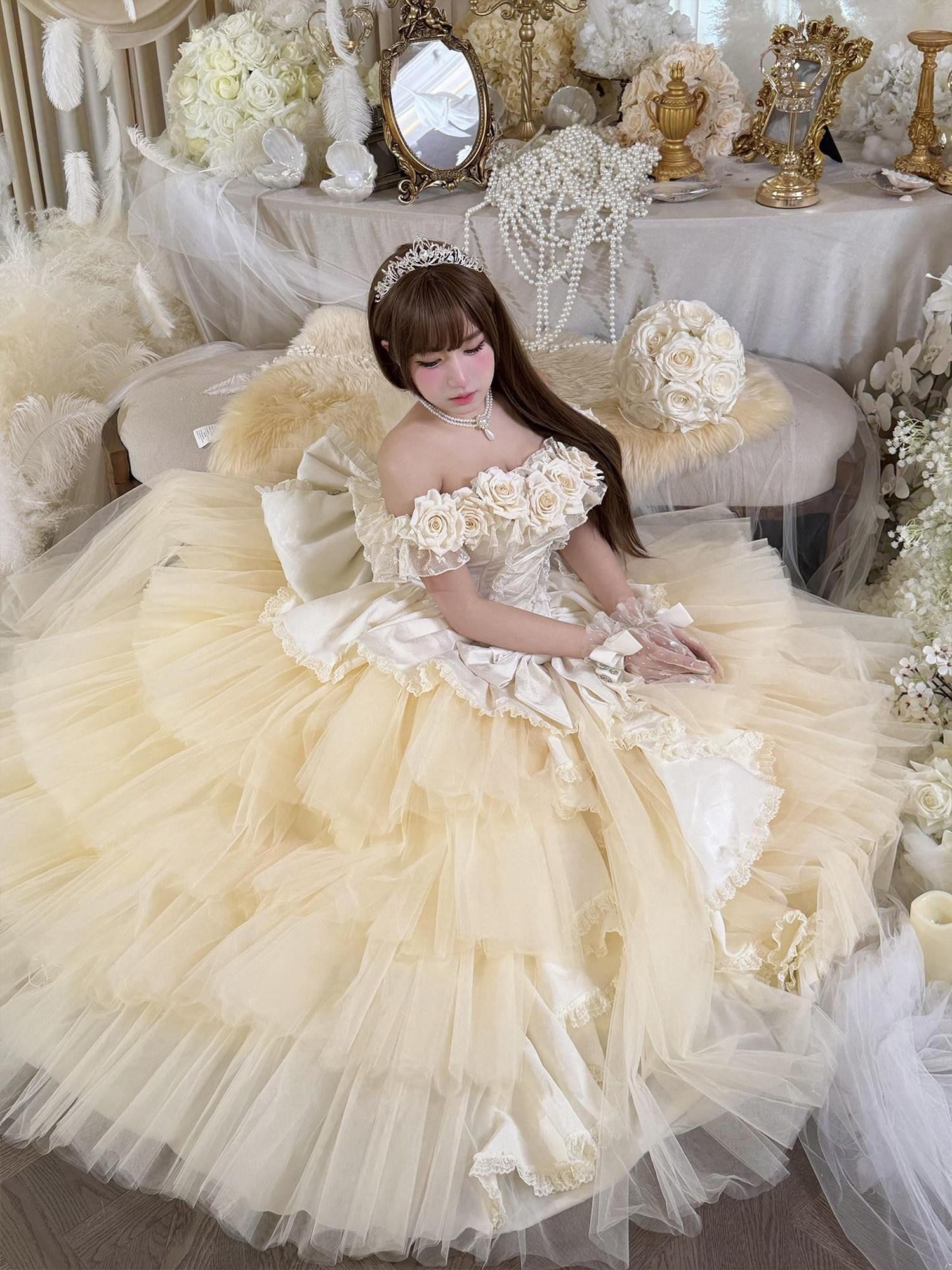 Diamond Sweetheart Apricot Rose Tulle Lace Shawl Bow Train Women's Jsk / Jumper Skirts