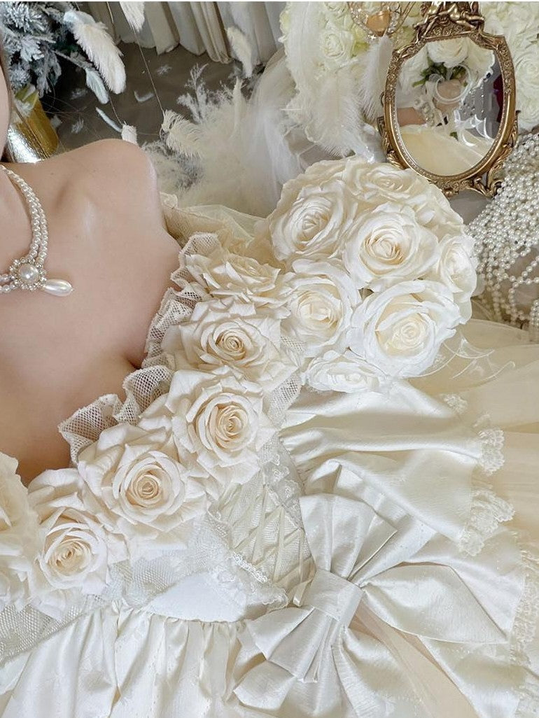 Diamond Sweetheart Apricot Rose Tulle Lace Shawl Bow Train Women's Jsk / Jumper Skirts