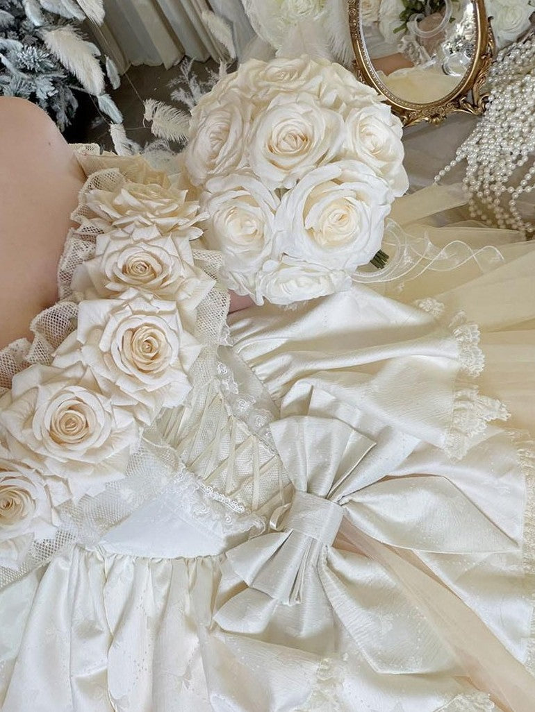 Diamond Sweetheart Apricot Rose Tulle Lace Shawl Bow Train Women's Jsk / Jumper Skirts