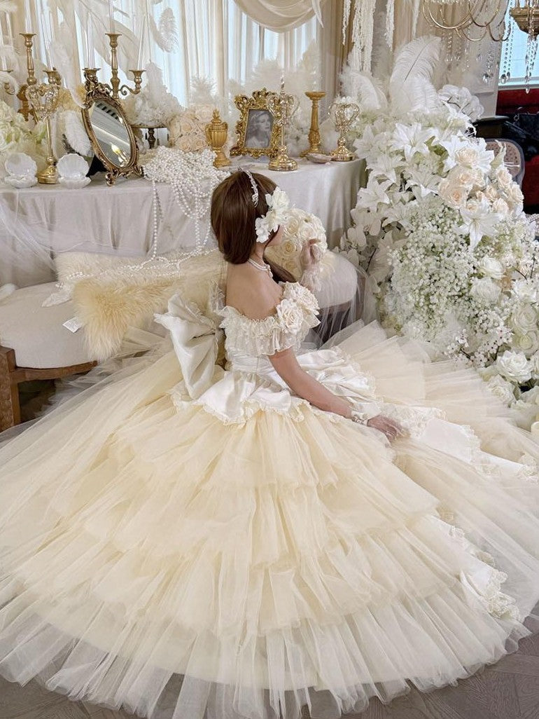 Diamond Sweetheart Apricot Rose Tulle Lace Shawl Bow Train Women's Jsk / Jumper Skirts