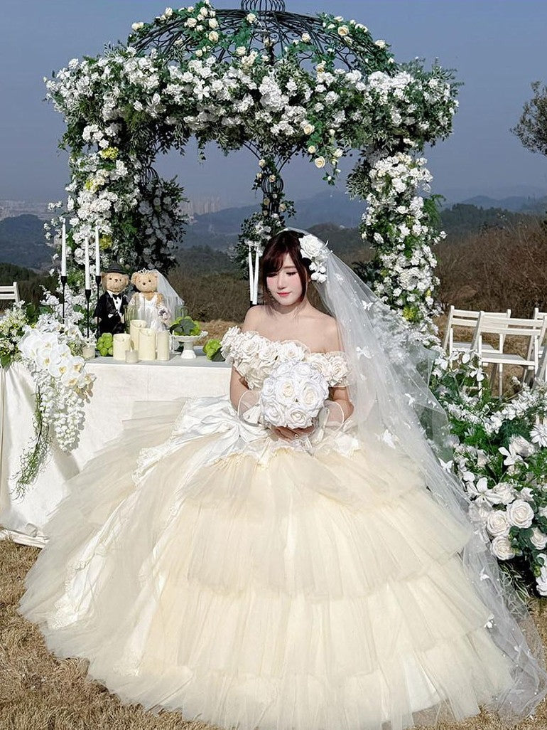 Diamond Sweetheart Apricot Rose Tulle Lace Shawl Bow Train Women's Jsk / Jumper Skirts